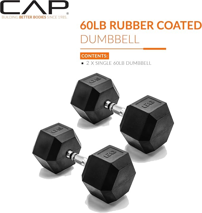 CAP Rubber Coated Dumbbell Weights, Free Weights for Home Gym Strength Training, Anti-Roll Hex Dumbbells with Black, Chrome & Comfort Grip Handles, Pairs & Sets