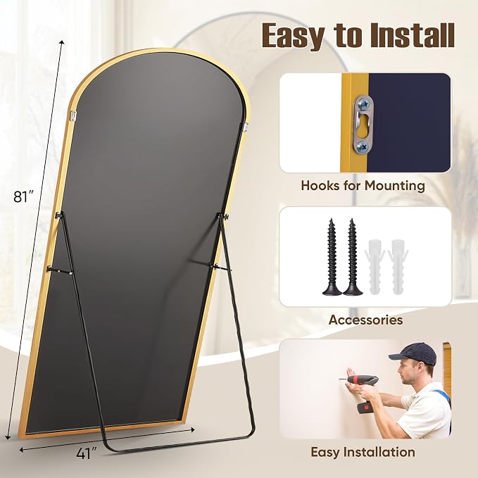 Floor Mirror, 81"x41" Oversized Full Length Mirror with Stand, Arched Full Body Mirror Standing Hanging Leaning Against Wall, Aluminum Frame Giant Mirrors for Bedroom Cloakroom, Gold