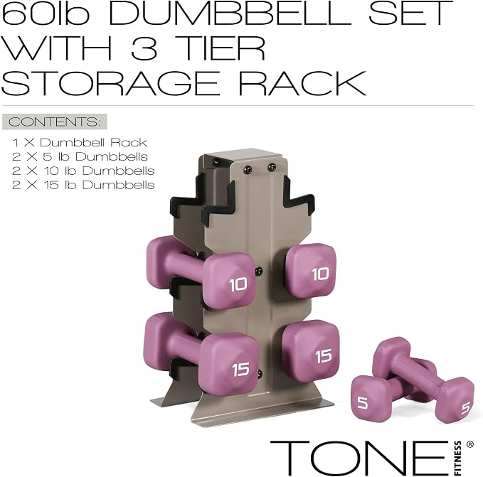 Tone Fitness Neoprene Dumbbell Set with Storage Rack – Non-Slip, Anti-Roll Hand Weights for Home Gym Workouts | 20 lb, 32 lb, 50 lb, 60 lb & 100 lb Options