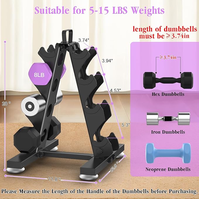 TomCare 6-Tier|5-Tier|4-Tier|2-Tier Dumbbell Rack Stand Only for Home Gym | Stable A-Frame, Fits 5–35 lb Dumbbells, Protective Padded Cradles, Adjustable Feet, Easy-Carry Handle (Stand Only)