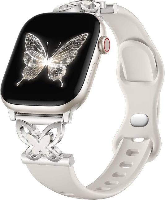 Lerobo Slim Silicone Band Compatible with Apple Watch Bands for Women | Dressy Metal Butterfly 16mm Thin Strap for iWatch Series 11 10 9 8 7 6 5 4 SE Ultra 38mm 40mm 41mm 42mm 44mm 45mm 46mm 49mm