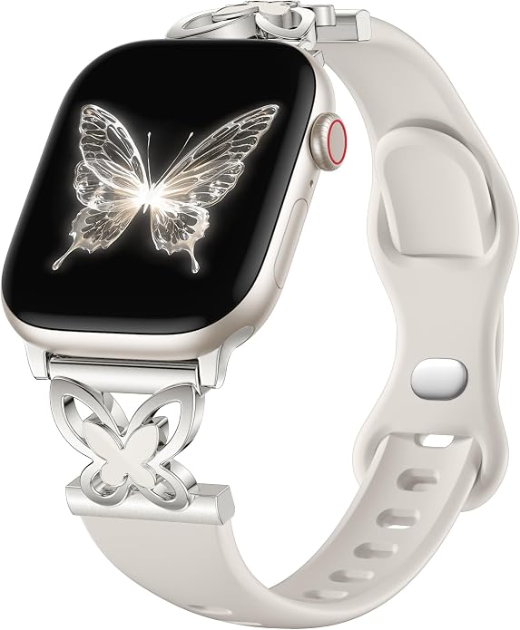 Lerobo Slim Silicone Band Compatible with Apple Watch Bands for Women | Dressy Metal Butterfly 16mm Thin Strap for iWatch Series 11 10 9 8 7 6 5 4 SE Ultra 38mm 40mm 41mm 42mm 44mm 45mm 46mm 49mm
