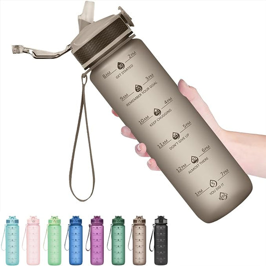 Hyeta Plastic Water Bottle With Straw & Time Marker, 32oz Leakproof Jug | Motivational Tritan BPA Free Gym Office Outdoor Intake Tracker Hourly Reminder Straw Lid Lightweight