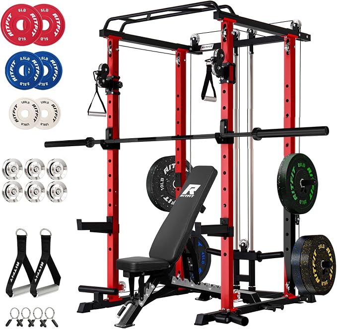 RitFit Power Cage Home Gym Package with Cable Crossover System | 1200LBS Power Rack, Weight Bench, Olympic Barbell & 230LBS Bumper Plates — All-in-One Home Gym
