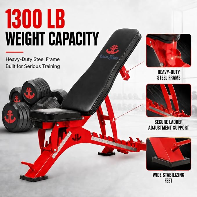 Unive Fitness Adjustable Weight Bench 1300 lb Capacity, 40-Position Workout Bench with 10 Backrest & 4 Seat Angles, Heavy Duty Strength Training Bench for Home Gym, Garage Gym, Incline Flat Dumbbell Workouts