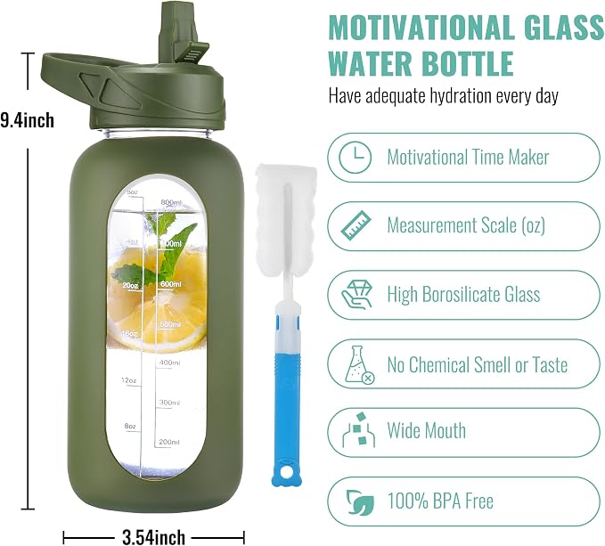 CIVAGO 32 oz Glass Water Bottle with Straw, Large Motivational Water Jug | Time Marker, 2 Leakproof Lids, Wide Mouth, Water Flask Cup with Handle and Silicone Sleeve, for Gym, Sports, Juices, Army