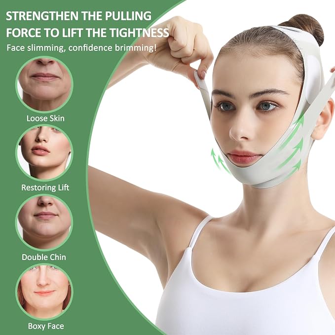 Reusable Facial Lifting Belt, V Line Lifting Mask with Chin Strap for Sleeping, Jaw Exerciser V-Shaped Double Chin Reduce (Green)