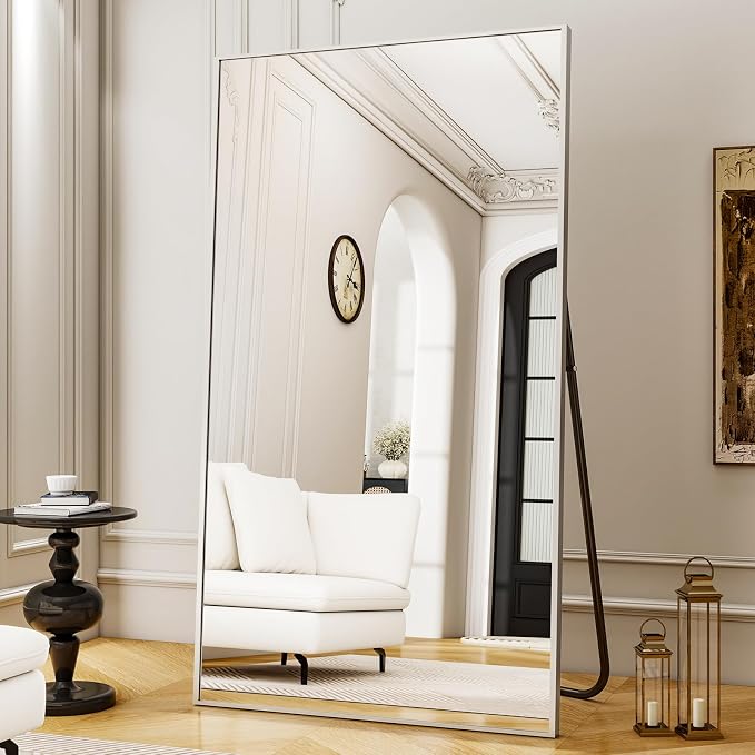 Easly Full Length Mirror with Stand - 38"x77" Full Body Mirror, Floor or Wall, Aluminum Alloy Frame for Living Room, Bedroom, Cloakroom - Silver