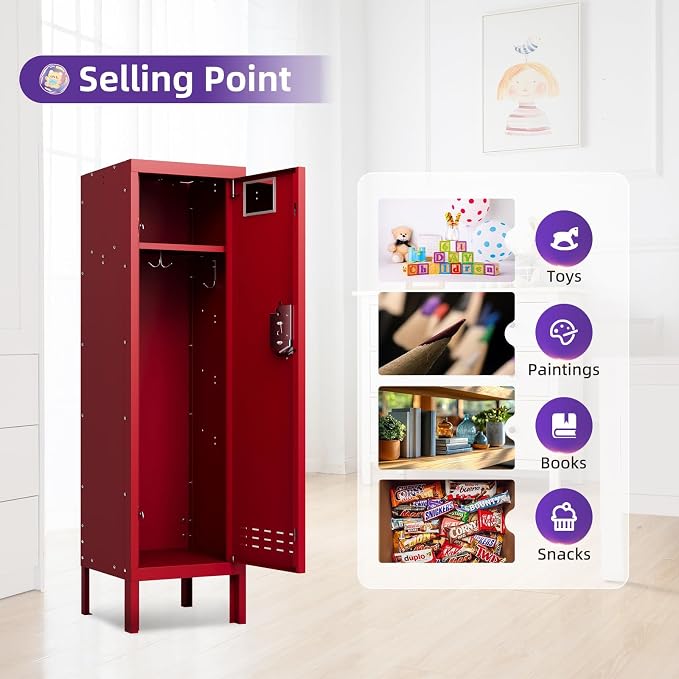 BUTISOW Metal Storage Locker with Lock & Card Slot Locker - Secure Lockable Door - Steel Locker for School, Office, Gym, Home - 54" H x 15" W x 15" D（1 Door, Red）