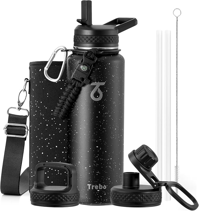 Trebo Water Bottle Insulated 40 oz with 3 Lids, Paracord Handle & Sleeve | Stainless Steel Flask Vacuum, Triple Wall Copper Plated, Dishwasher Safe, Keeps Cold 48Hrs for Hiking, Gym, Wide Mouth