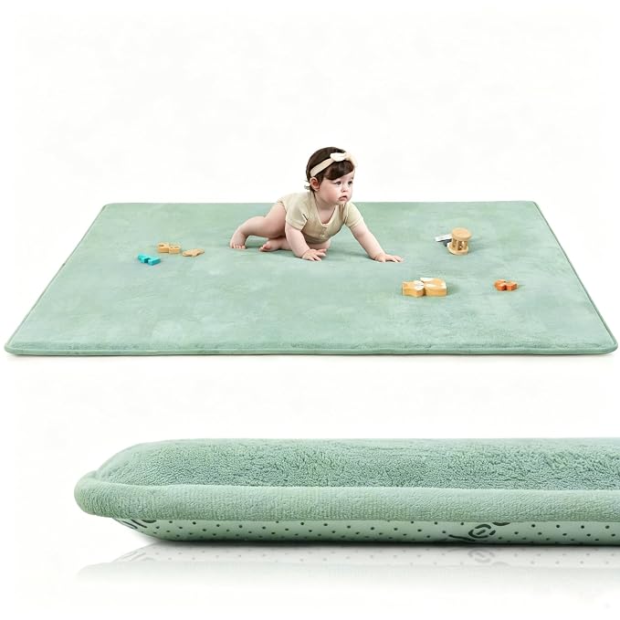Huloo Sleep Baby Play Mat for Floor,1.3" Thick Memory Foam Tummy Time Mat,Soft Coral Velvet Nursery Rug,Extra Large Non Slip Crawling Mats for Living Room(Sage Green)