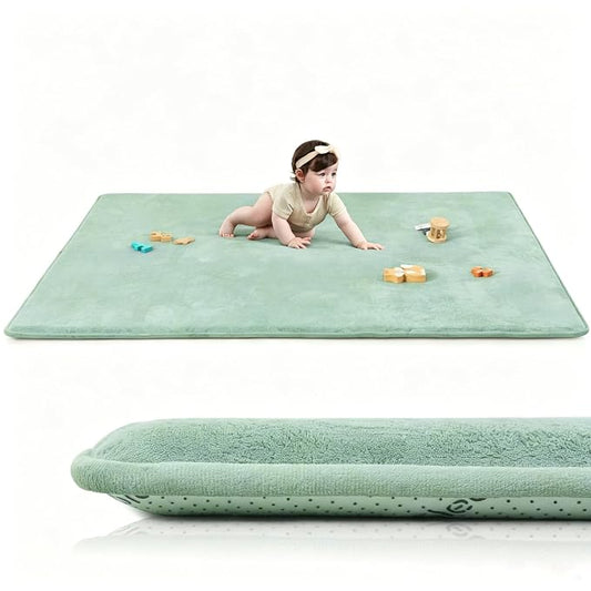 Huloo Sleep Baby Play Mat for Floor,1.3" Thick Memory Foam Tummy Time Mat,Soft Coral Velvet Nursery Rug,Extra Large Non Slip Crawling Mats for Living Room(Sage Green)