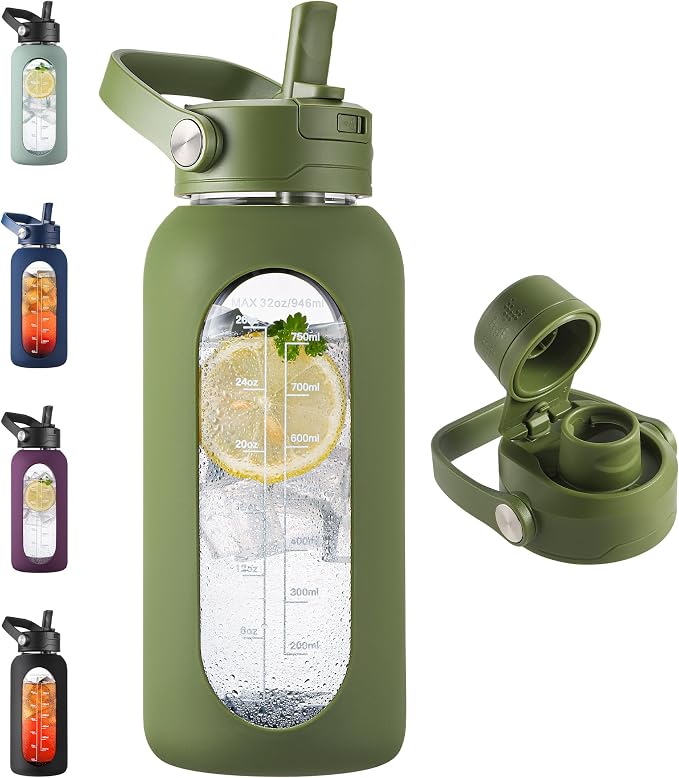 CIVAGO 32 oz Glass Water Bottle with Detachable Straw and Time Maker | Motivational Large Flask Cup with Handle, Leakproof Lids, Wide Mouth, Silicone Sleeve, Tumbler for Juice, Army Green