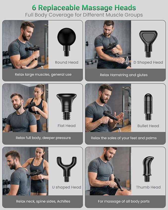 Massage Gun, Deep Tissue Percussion Massager 30 Speeds for Pain Relief | Handheld Electric Back & Neck Muscle Massager with 6 Massage Heads for Athletes, Men & Women (Black)