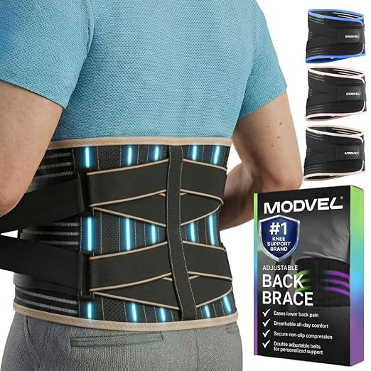 Modvel Back Brace for Lower Back Pain Women and Men – Lumbar Support Belt for Sciatica, Herniated Disc, Muscle Strain – Adjustable Breathable Work Brace with 6 Stays – Support for Posture