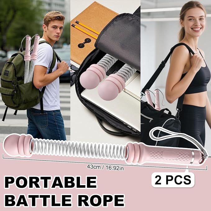 Portable Ropeless Battle Ropes, Adjustable Weights Cordless Battle Ropes for Home Gym with Storage Bag, Exercise Equipment for Low-Impact Workout, Strength & HIIT, for Men & Women (Pink)