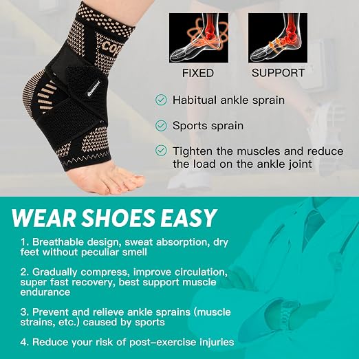 INDEEMAX Ankle Brace for Sprained Ankle Compression Sleeve, 2 Pack Copper Infused Ankle Support Brace for Women & Men, Plantar Fasciitis Relief Achilles Tendonitis, Sports Running, Copper Black, L