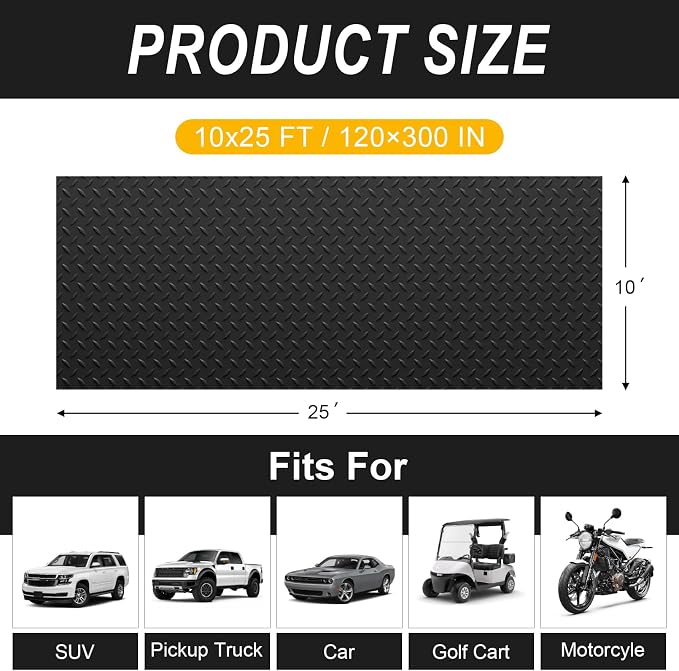 10x25 FT Garage Floor Mat, 2.8mm Thickened Flooring Roll for Under Car Diamond Plate PVC Rubber Mat with 20 Pcs Tapes, Non-Slip Floor Mat for Garage, Warehouse, Trailer, Gyms, Black