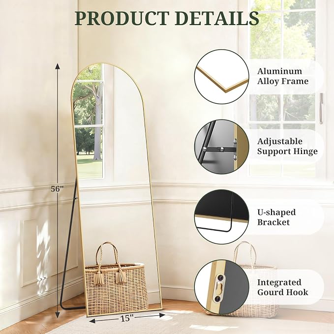 Mirror Full Length 56"x15", Arched Full Body Floor Mirrors with Stand | Shatterproof Glass, Aluminum Alloy Frame, Free Standing, Wall Mounted or Leaning for Bedroom Living Room Entryway