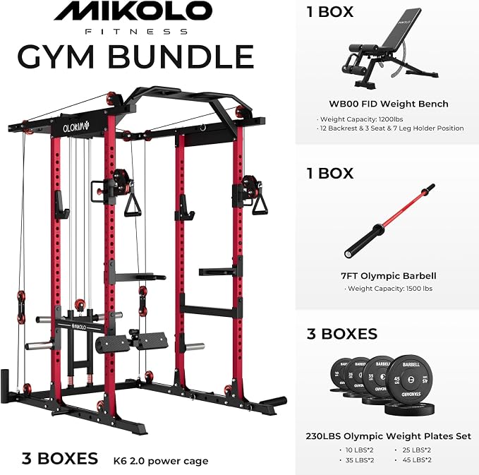Mikolo K6 2.0 Power Cage, Power Rack with Cable Crossover System, 2000LBS Squat Rack with LAT Pull Down System, Functional Trainer with Aluminum Pulley System for Home Gym