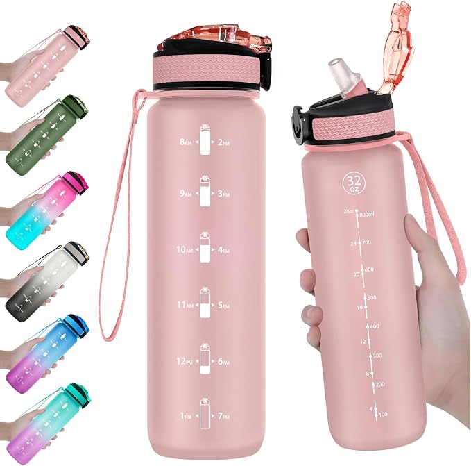 EYQ 32oz Water Bottle with Straw, Time Marker, Blue Purple | Blue Purple Tritan, BPA Free, Time Marker, Leakproof Lock Lid, Wide Mouth, for Gym, School, Office and Travel