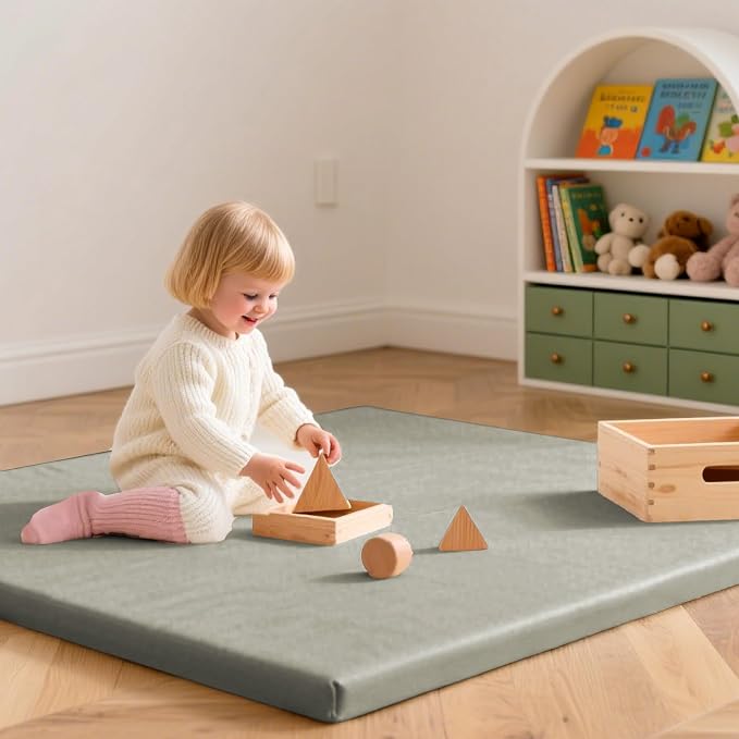 Huloo Sleep Baby Play Mat 50x50 Inches,1.3" Thick Padded Waterproof Floor Cushion & Playpen Mat with Vegan Leather,Non-Slip & Non-Toxic Nursery Rug for Infants, Toddlers & Kids(Grey)