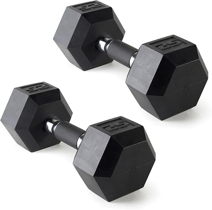 CAP Rubber Coated Dumbbell Weights, Free Weights for Home Gym Strength Training, Anti-Roll Hex Dumbbells with Black, Chrome & Comfort Grip Handles, Pairs & Sets