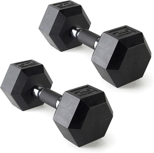 CAP Rubber Coated Dumbbell Weights, Free Weights for Home Gym Strength Training, Anti-Roll Hex Dumbbells with Black, Chrome & Comfort Grip Handles, Pairs & Sets