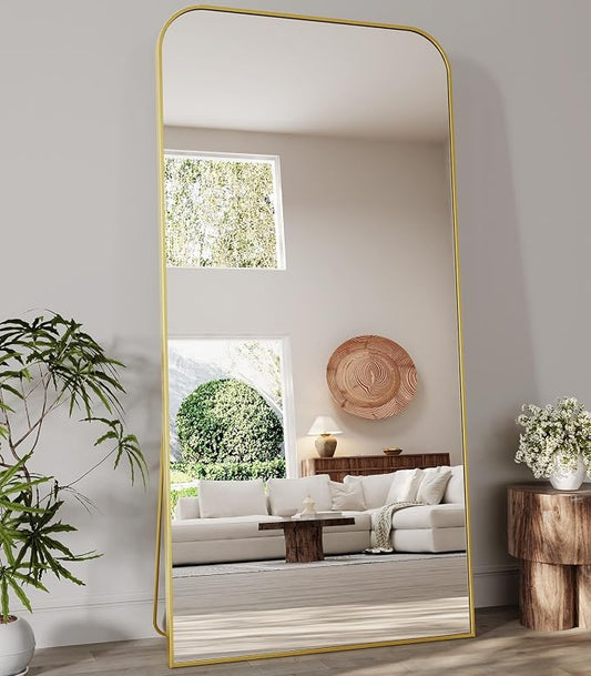 Koonmi Full Length Mirror, 76"x34" Mirror Full Length with Stand | Domed Top Square-Edged ShatterProof Floor Mirror with Gold Aluminum Alloy Frame for Bedroom Living Room Home Gym
