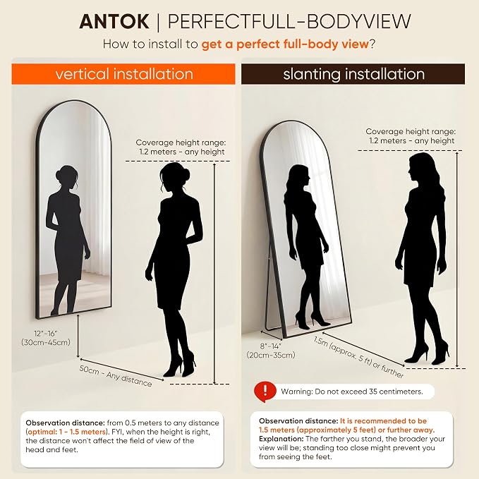Antok 71" x28” Arched Full Length Floor Mirror, Black Aluminum Frame, Free Standing/Wall Mount/Leaning for Bedroom, Living Room, Dressing Room