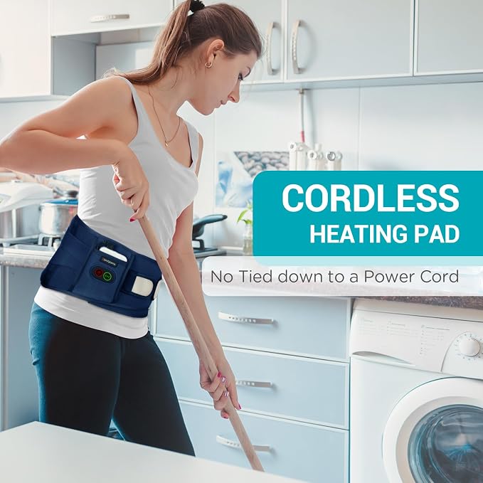 Comfytemp Cordless Heating Pad with Massager for Back, Gifts for Women Men | FSA Eligible HSA, Portable Lower Back Massager, Rechargeable Wireless Electric, Birthday Mom Dad Seniors 3 Heat 30mins, Blue