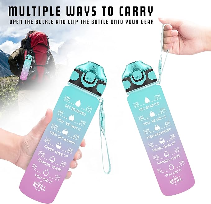 Enerbone 32 oz Drinking Water Bottle with Times to Drink and Straw, Motivational with Carrying Strap, Leakproof BPA & Toxic Free, Ensure You Drink Enough Water for Fitness Gym Outdoor