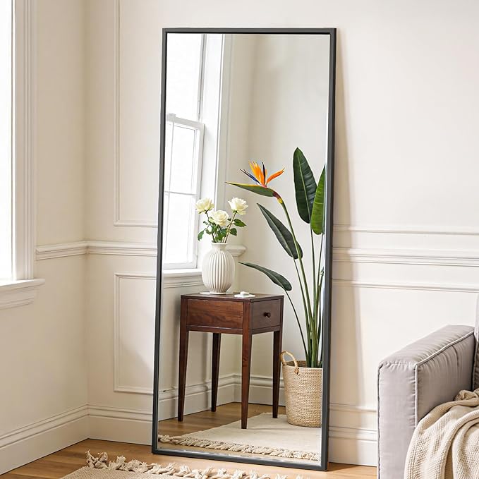 OLIXIS Full Length Floor Mirror with Stand, Body Mirror, 60x16 | Hanging or Leaning Wall, Aluminum Alloy Thin Frame, Living Room Bedroom, Long, Black