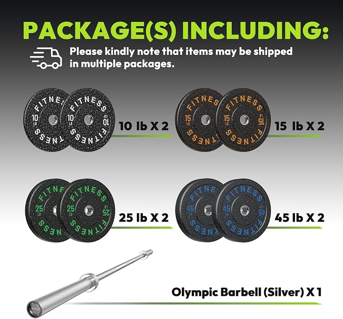HANDBODE Olympic Barbell Set, 2-Inch Bumper Plates with Weight Plate Rack | Colored Crumb Rubber Weight Plates for Weight Lifting & Strength Training, 90–530 lb Set with 45 LB (20 kg) Olympic Barbell