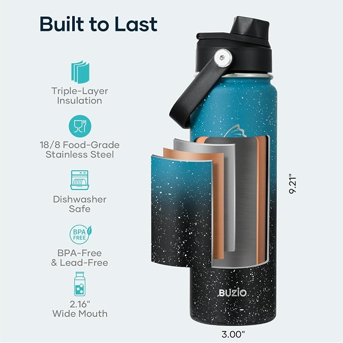 BUZIO 24 oz Insulated Water Bottle, Stainless Steel Wide Mouth Water Flask with Straw Lid, Cold for 48 Hrs Leak Proof Metal Hydro Thermo Canteen Mug, Dappled Navy Black