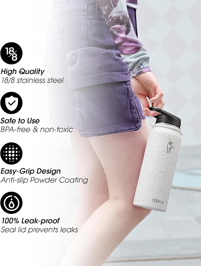 Coolflask 40 oz Water Bottle Insulated Stainless Steel with Strap | Metal Water Flask with Straw & Spout Lids, Triple-Wall, Cold 48+h, Dishwasher Safe, Leakproof, BPA-Free, for Gym & Hiking