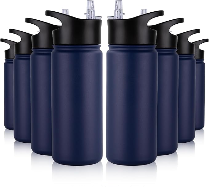 16 oz Insulated Water Bottle Bulk 8 Pack, Straw & Spout Lid, Keep Cold 24H, Spill Proof, BPA-Free, Double Wall, Stainless Steel Kids Water Bottles for School, Sports, Navy Blue