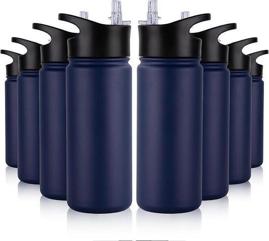 16 oz Insulated Water Bottle Bulk 8 Pack, Straw & Spout Lid, Keep Cold 24H, Spill Proof, BPA-Free, Double Wall, Stainless Steel Kids Water Bottles for School, Sports, Navy Blue