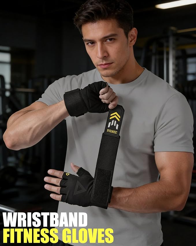 2-in-1 Workout Gloves, Weight Lifting Gloves with Wrist Wrap Support for Men & Women, Ventilated Fingerless Padded Gym Glove for Weightlifting Pull-Ups & Fitness Training