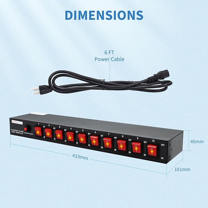 1U PDU Horizontal Rackmount Power Strip - Overload Protector | 10 NEMA 5-15R Outlet, 100V-240V/15A, 1800 Joules, 10 Independent LED Switches, 6 ft Cord