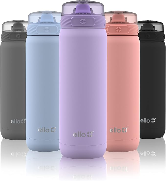 Ello Cooper 18oz Insulated Stainless Kids Water Bottle with Straw, Lilac | Leakproof kids water bottle with straw and carry handle. BPA-free, keeps drinks cold 23 hours, backpack friendly for school.