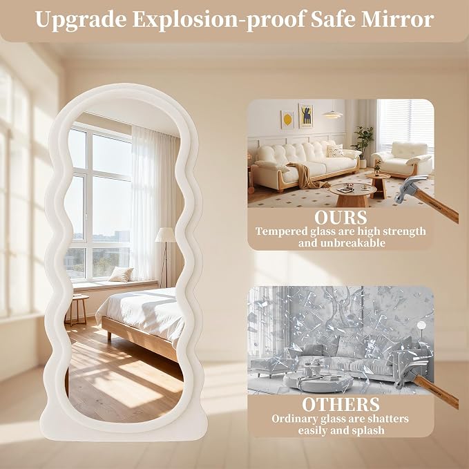 Full Length Mirror, 71"x30" Full Body Mirror with Stand | Wavy Mirror Full Length, Flannel Floor Mirrror Bedroom and Living Room, Wall Mirror Hanging or Leaning, Beige