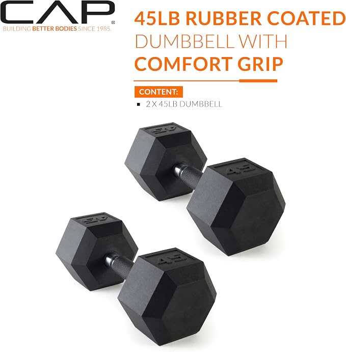 CAP Rubber Coated Dumbbell Weights, Free Weights for Home Gym Strength Training, Anti-Roll Hex Dumbbells with Black, Chrome & Comfort Grip Handles, Pairs & Sets