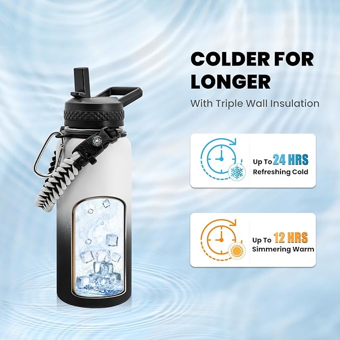 RAYMYLO Insulated Water Bottle 32 oz, Triple Wall Vacuum Stainless Steel | (Cold for 24Hrs, Hot for 12Hrs), Leak Proof & Non-BPA, Modern Water Flask Jug with Paracord Handle & Straw Spout Lids