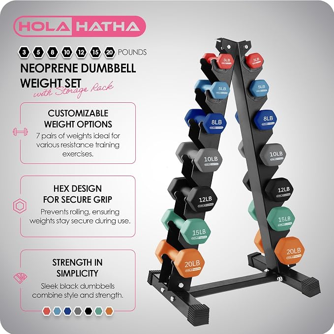 HolaHatha 1, 2 and 3 lb Neoprene Dumbbell Strength Training Weight Set with Rack