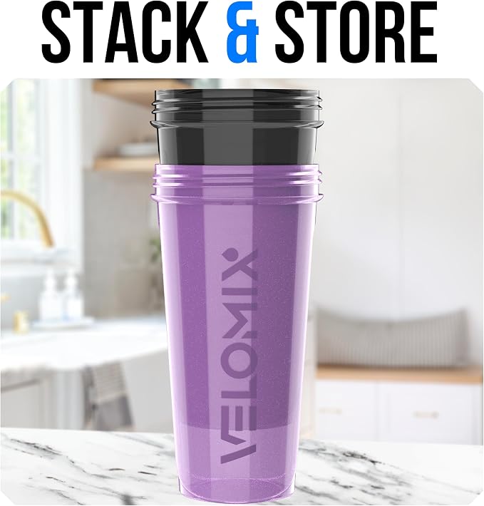 VELOMIX 2 Pack 28oz Protein Shaker Bottle for Protein Mixes, Purple/Black | 2x Wire Whisk, Leak Proof Shaker Cups for Protein Shakes, Stackable, Dishwasher safe, BPA free, Pre Workout and Fitness ready
