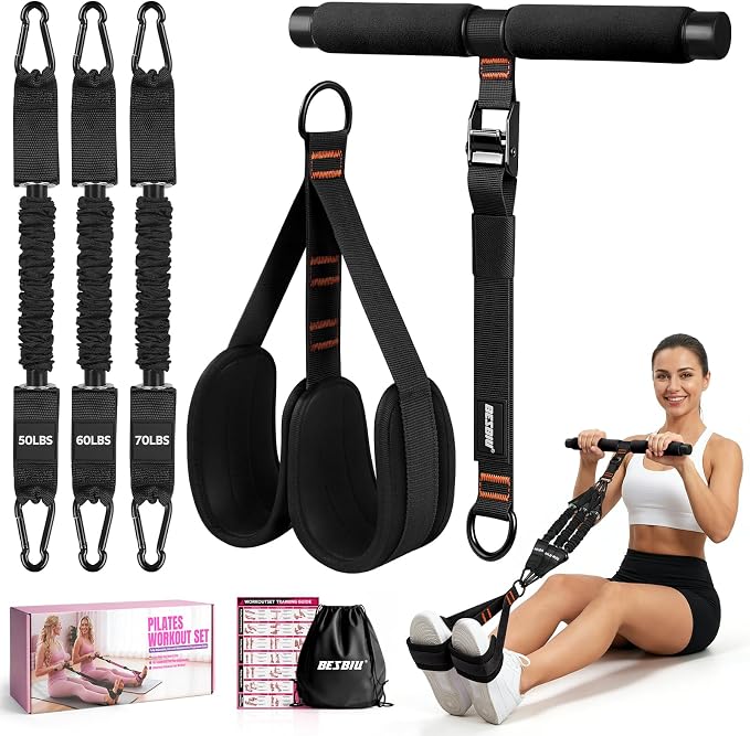 Adjustable Length Pedal Resistance Band with Handle for Working Out, Replaceable 180Lbs Exercise Bands with Foot Pedals, Home Gym Workout Equipment for Women Men Strength Training, Stretching