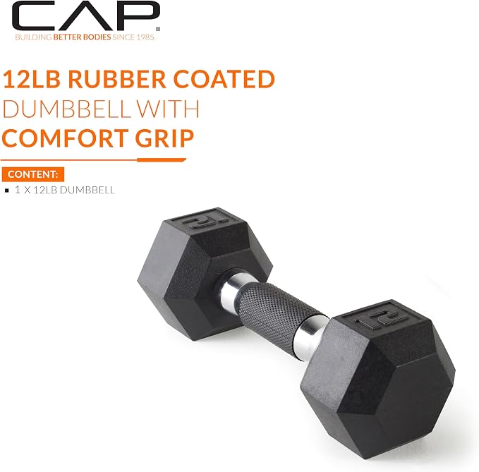 CAP Rubber Coated Dumbbell Weights, Free Weights for Home Gym Strength Training, Anti-Roll Hex Dumbbells with Black, Chrome & Comfort Grip Handles, Singles