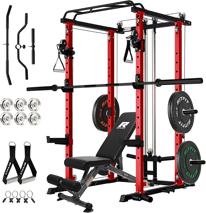 RitFit Power Cage Home Gym Package with Cable Crossover System | 1200LBS Power Rack, Weight Bench, Olympic Barbell & 230LBS Bumper Plates — All-in-One Home Gym