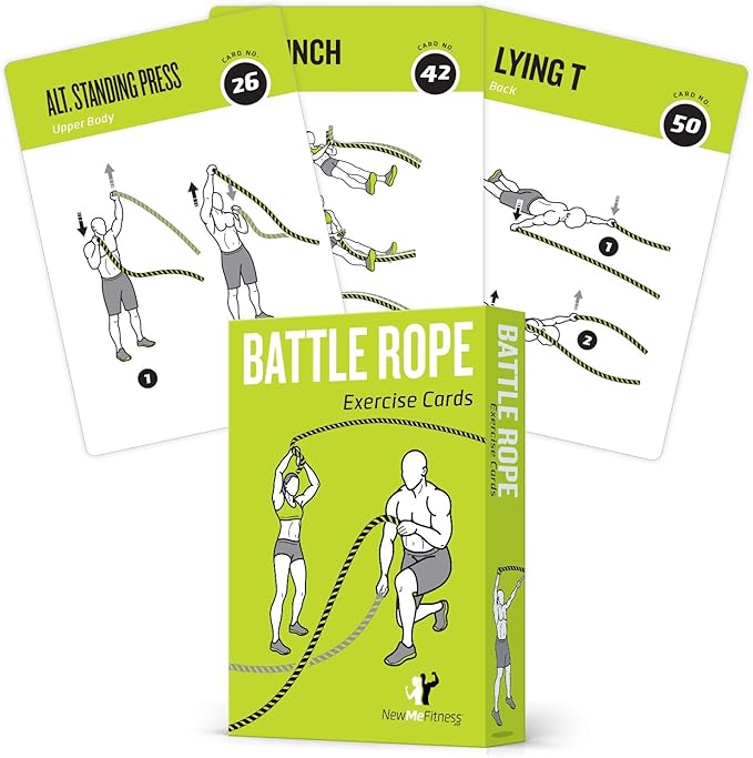 Battle Rope Exercise Cards for Home Workouts, Set of 62 - with Guided Strength Training Workout Cards Deck for Home or Gym, Illustrated Fitness Cards with 50 Exercises, Durable & Waterproof